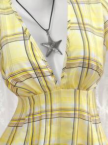 Sunspun 大码复古粉色格子衬衫，可爱修身格子条纹休闲舒适衬衫 - 鵝黃色 - 查看 5