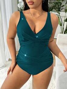 Swim Lushoire Traje de baño de una pieza de unicolor con escote halter, estilizador y con soporte para mujeres de talla grande - Verde - Ver 3