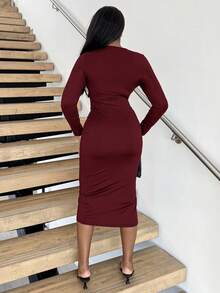 Alexandranx Robe longue à manches longues noire avec taille plissée, pour soirée - Rouge foncé - Voir 2