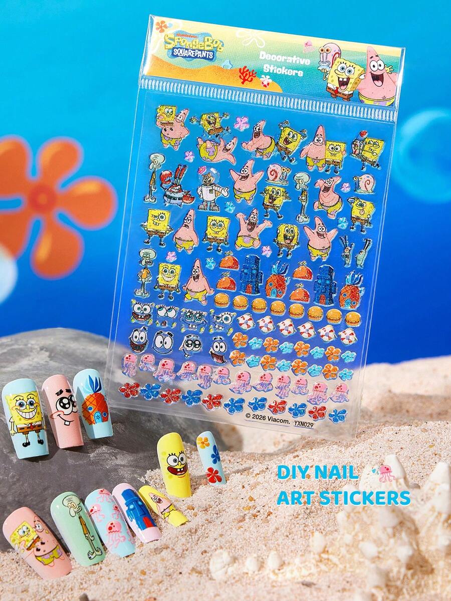SpongeBob SquarePants | SHEIN 可爱浮雕卡通美甲贴纸，防水自粘，免烤，DIY美甲装饰，美甲贴片，美甲用品，美甲饰品，美甲小玩意，美甲贴片，美甲沙龙DIY滑动美甲装饰，美甲师必备，美甲贴片，美甲片，美甲滑动装饰 - 彩色 - 查看 1