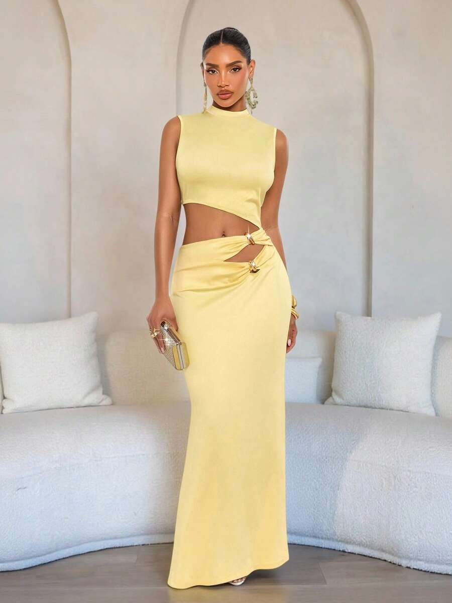 SOLERSUN Women's Elegant Summer Yellow Metal Decorated Sleeveless Bodycon Maxi Dress,Casual Solid Color Party Night Outfit,Vacation Hawaii Wedding Formal Dress