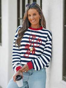 Wildy Casual Minimalist Printed Pattern Crew Neck Loose Fit Women Sweatshirt, Striped Print, Lobster Print - Multicolor - View 3