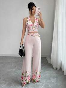 SHEIN Elenzya Women's Minimalist Single-Button Backless Top And Pants 2 Pieces Commuter Suit - Pink - View 1