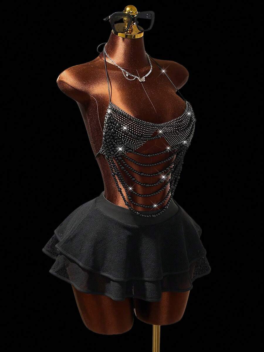 Mistrie 女士串珠亮片度假吊带背心，女士性感度假吊带背心，女士吊带背心，女士细肩带吊带背心 - 黑色 - 查看 1