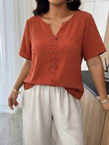 Weeklong Orange V-Neck Ruffle Trim Jacquard Fabric Plus Size Vacation Blouse, Spring/Summer - Orange - View 3
