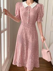 DAZY 女士优雅蕾丝花瓣袖中长连衣裙，夏季 - 淺粉色 - 查看 4