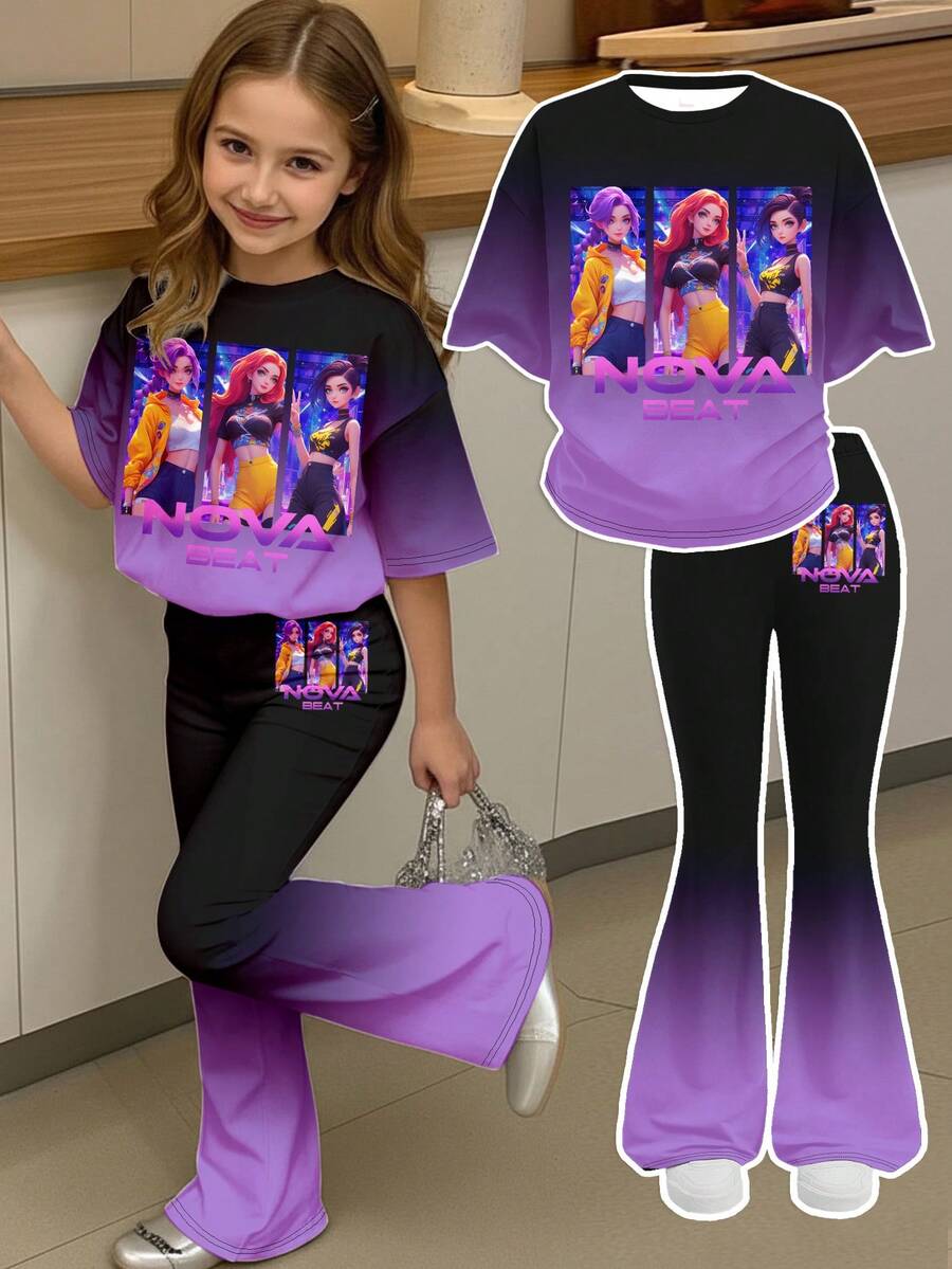 紫色渐变夜幕黑,韩版卡通少女,少女休闲简约短袖T恤和裤子两件套,适合夏季街头风、校园休闲运动、户外野餐 - 彩色 - 查看 1