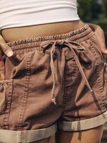 Medorelle Women's Solid Color Shorts With Drawstring, Pockets And Rolled Hem, Casual - Coral Red - View 5