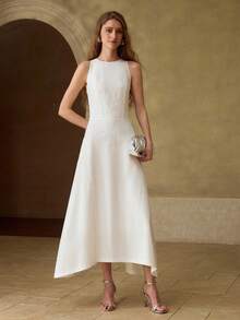 MOTF PREMIUM CONTRAST LACE WHITE MID-LENGTH DRESS FOR WOMEN - White - View 6