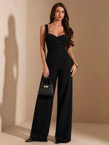 SHEIN BAE Bộ jumpsuit đen hai dây hở lưng, đồ lót nữ thanh lịch, trang phục hẹn hò hàng ngày, trang phục đi chơi, trang phục dự tiệc, jumpsuit ống rộng bất đối xứng, jumpsuit ngày Valentine, jumpsuit thường ngày, jumpsuit duyên dáng - màu đen - Xem 4