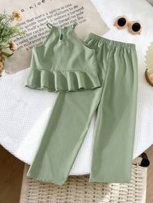 SHEIN Tween Girl Sage Green Summer Casual Elegant Tropical Vacation Solid Color Pleated Round Neck Top And Elastic Waist Wide Leg Pants Two Piece Set - Green - View 2