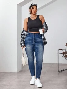 SHEIN EZwear 大码女式高腰口袋修身休闲百搭牛仔裤 - 藍色 - 查看 5