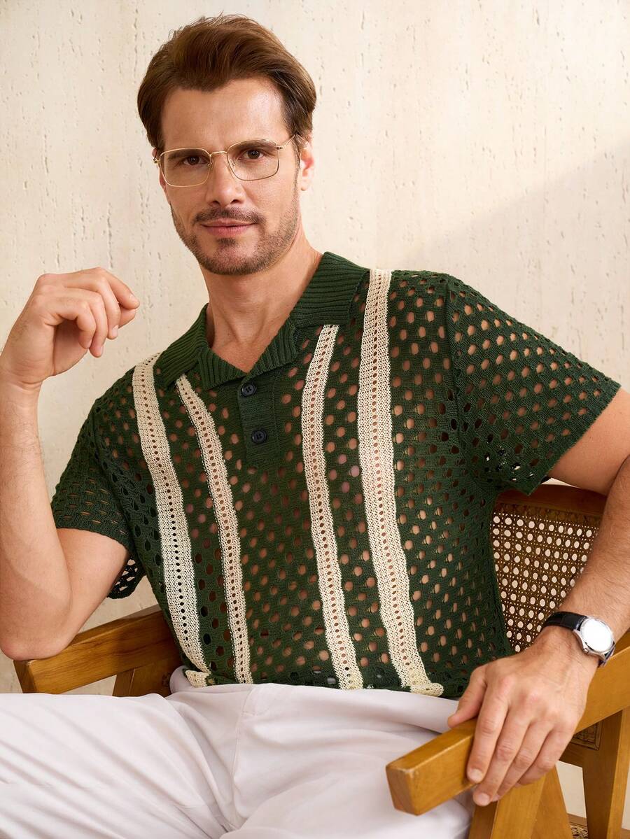 Manfinity Homme Men's Contrast Color Hollow-Out Short Sleeve Single-Breasted Casual Knit Top - Multicolor - View 1
