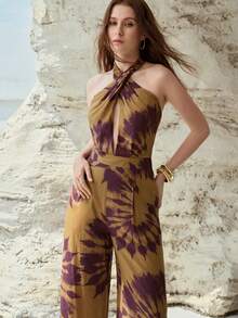 MOTF PREMIUM LINEN PRINTED HALTER BACKLESS JUMPSUIT, SUITABLE FOR URBAN VACATION IN SPRING AND SUMMER - Multicolor - View 1