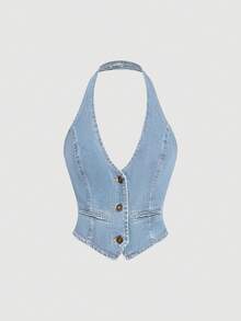 Sweetra Busana Denim Wanita yang Elegan dan Intelektual - Light Wash - View 4