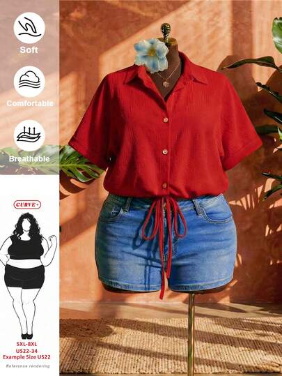 SHEIN CURVE+ Camisa de manga corta roja de tela texturizada de vacaciones casual para mujer de talla grande