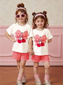 Cute Mini Red Plaid, Cherry Pattern, Tween Girl Casual Minimalist Short Sleeve Round Neck T-Shirt And Shorts 2-Piece Set, Suitable For Summer Vacation - Multicolor - View 6