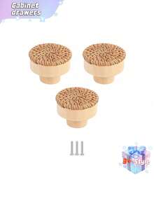 1-3pcs Rattan Drawer Knobs, 1.57inch/40mm Boho Dresser Knobs, Handmade Wood Cabinets Knobs Handles Hardware Woven Wicker Drawer Knobs With Screws For Kitchen Cabinets Dresser Pulls Furniture - Yellow - View 9