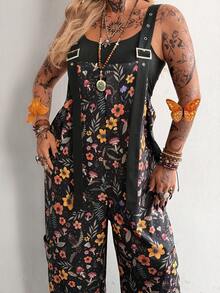 SHEIN Tall CURVE Grunge 复古撞色口袋个性化街头度假学院印花高个加大码女式连体裤 - 彩色 - 查看 8