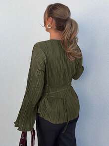 Jeta Ari Autumn/Winter Wide Round Neck Flare Sleeve Cinched Waist Pleated Shirt - Army Green - View 2