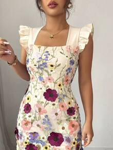 Rafferiza Women's Elegant Fashion Party Banquet Ribbon Spaghetti Strap Embroidered 3D Floral Waist A-Line Midi Lace Dress, Spring/Summer - Apricot - View 5
