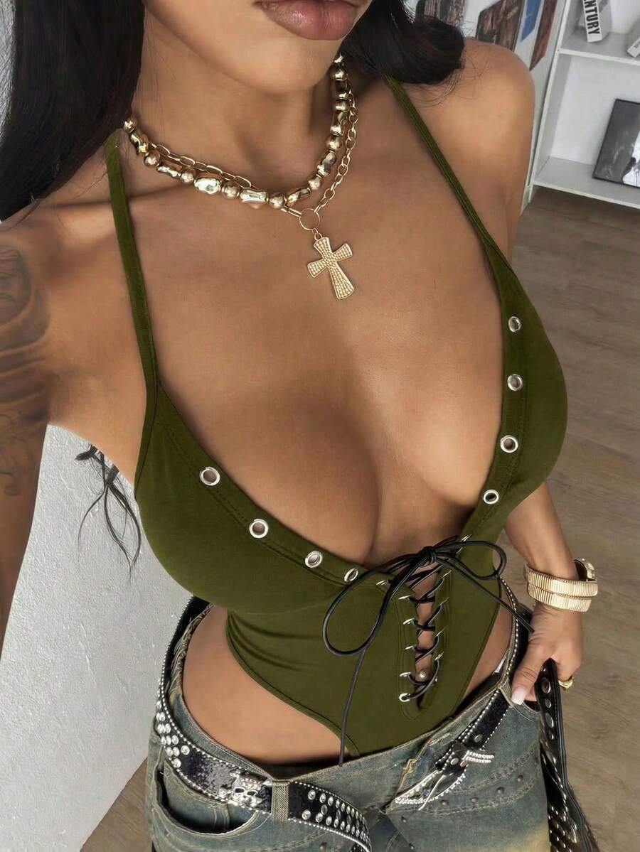 StreetHx 女士休闲性感黑色深V镂空绳饰简约挂脖系带连体衣 - 軍綠色 - 查看 1