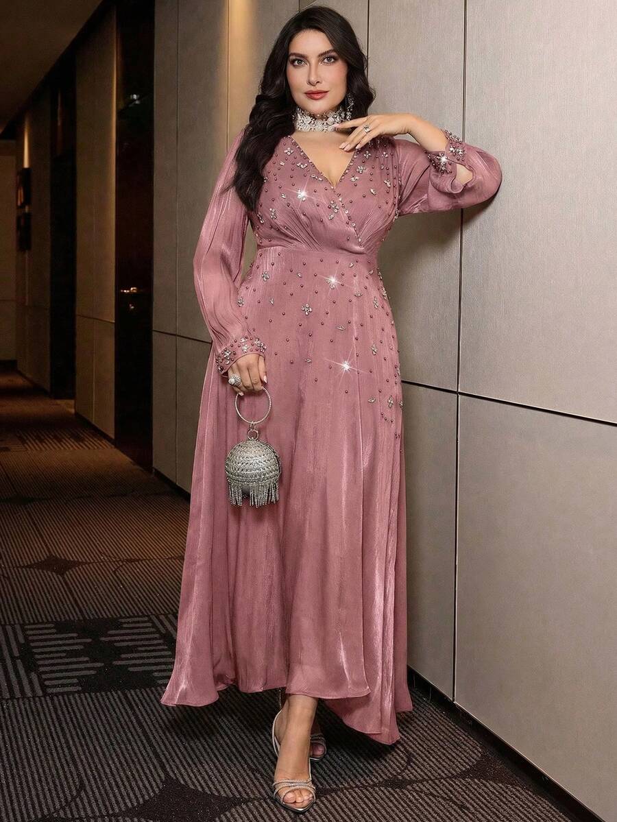 Modelyn Vestido elegante y minimalista de ajuste ceñido que estiliza la cintura para mujer de talla grande - Rosa - Ver 1