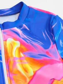 Swim Mulvari Set de 4 piezas de burkini de manga larga con cremallera y estampado tie-dye aleatorio, elegante para mujeres - Multicolor - Ver 3