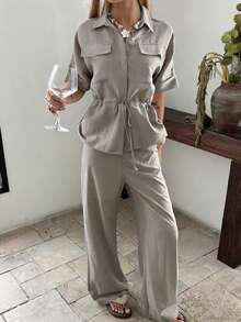 Strévra Women's Fitted Cinched Waist Jacket And Loose Pants Commuting Elegant Suit Set - Grey - View 4