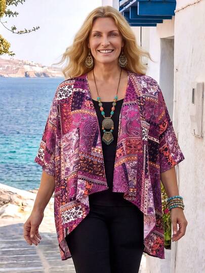 EMERY ROSE 大码女式全印花休闲度假日常穿开衫