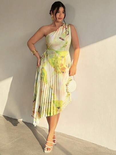 Firerie Plus Size Women Floral Print Pleated One Shoulder Fashion Date Party Dress