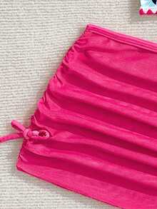 3件套女童热带花卉火烈鸟印花比基尼套装，含沙滩裙，夏季度假 - 粉色 - 查看 6