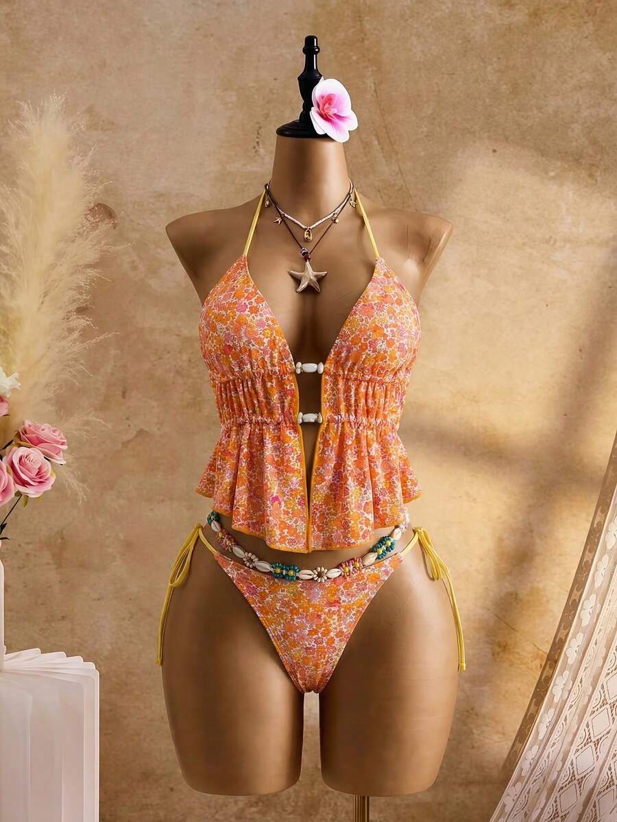 Bellisia Women's 2pcs Floral Print Beaded Halter Neck Drawstring Pants Swimsuit Set, Summer - Multicolor - View 1