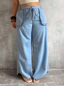 Sunnyshic Quần jeans ống rộng dáng suông thoải mái cho nữ cỡ lớn, thích hợp mặc hàng ngày đi làm, có thắt lưng và túi xếp ly. - Rửa nhẹ - Xem 4