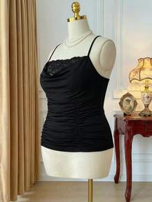 Rometta Plus Size Lace Patchwork V-neck Camisole Top - Black - View 4