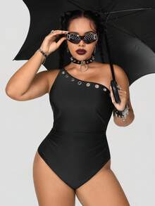 ROMWE Goth Traje de baño de una pieza de unicolor talla grande - Negro - Ver 1
