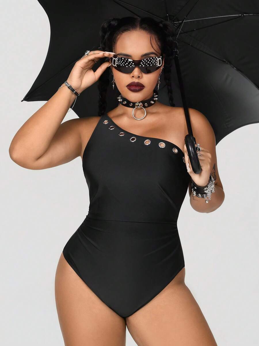 ROMWE Goth Traje de baño de una pieza de unicolor talla grande - Negro - Ver 1