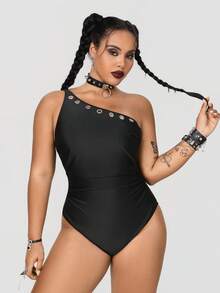 ROMWE Goth Traje de baño de una pieza de unicolor talla grande - Negro - Ver 4