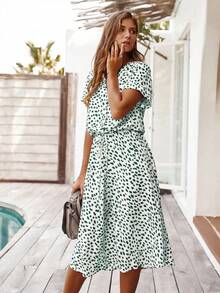 Breezaya Vestido de lunares verde menta para mujer, cuello en V con botones, cintura ceñida, manga corta, estilo boho, para vacaciones de verano, resort, casual, nueva llegada, vestido de vacaciones - Verde - Ver 4