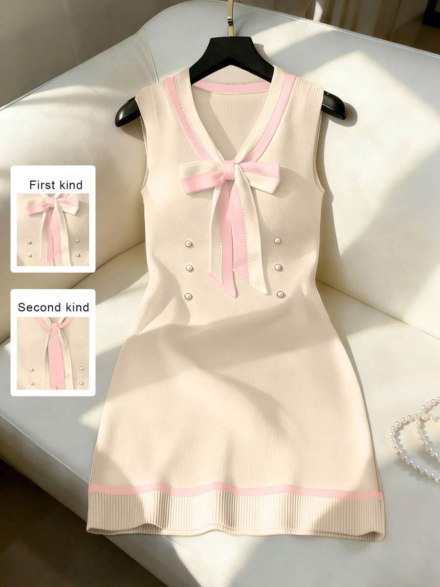 Franclia Đầm dệt kim ngắn ôm sát cơ thể, nhẹ nhàng, thanh lịch, đa năng dành cho nữ, cổ chữ V, buộc dây vai, không tay, thắt nơ phía trước, trang trí cúc ngọc trai, thích hợp mặc hàng ngày, mùa xuân/hè. - Nhiều màu - Xem 1