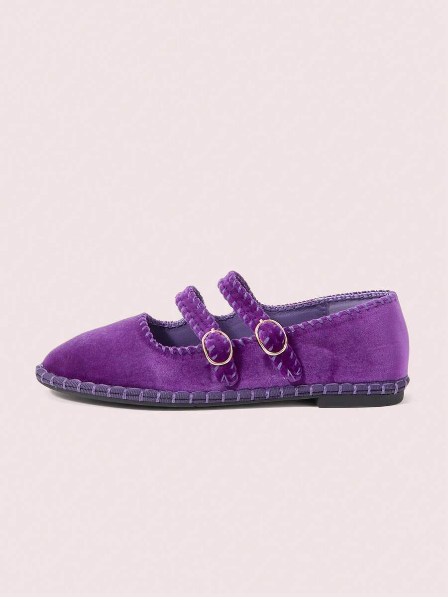 CUCCOO DOLLMOD Sepatu Wanita Ungu Bergaris Ganda Beludru Model Mary Jane Flat - -36A ungu - View 1