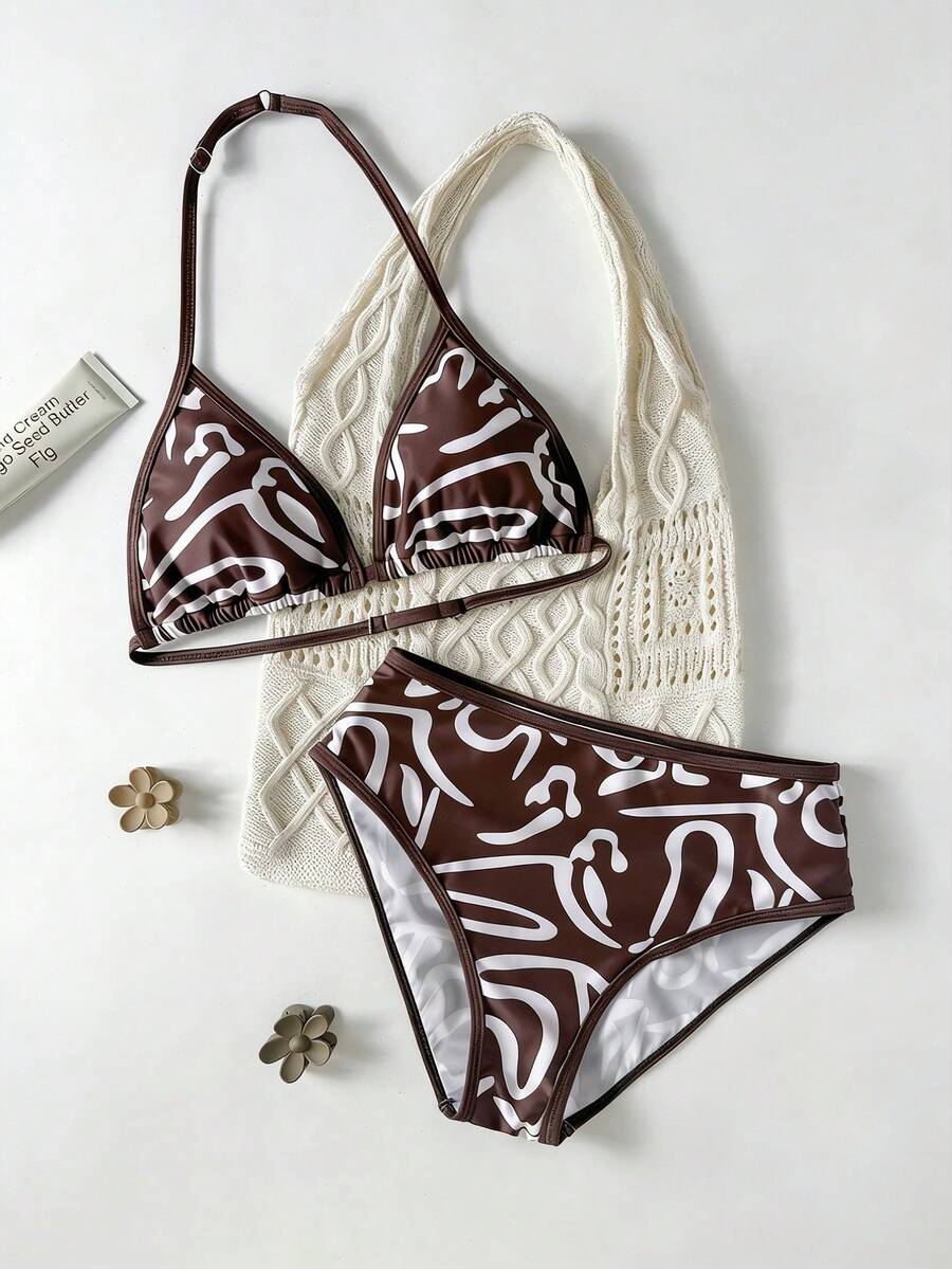 SHEIN Bộ bikini hai dây màu nâu in họa tiết hình học dành cho thiếu nữ, chất liệu vải dệt kim co giãn, ngọt ngào và dễ thương, thoải mái và thân thiện với da, thích hợp cho mùa hè đi biển, khu nghỉ dưỡng, hồ bơi, thời trang thường ngày, dễ thương cho bơi lội, kỳ nghỉ hè, bãi biển, hồ bơi, tiệc tùng, trang phục mùa hè, đồ bơi cho bé gái, đồ bơi in họa tiết, đồ bơi đi biển. - màu nâu - Xem 1