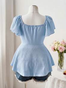 Sweetra Áo thun nữ cỡ lớn cổ vuông, tay bồng, dây rút, nơ eo, dáng chữ A, chất liệu vải dệt họa tiết cổ điển, thanh lịch, dễ thương, phong cách thường ngày. - Màu xanh lam - Xem 2