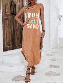 Breezaya 度假风印花针织连衣裙搭配无袖背心，女士沙滩装 - 卡其色 - 查看 4