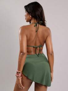 Swim Vcay Set da 3 pezzi da donna per l'estate composto da: borsa a tracolla in tessuto verde oliva con decorazioni di stelle marine e conchiglie, bikini triangolare coordinato, costume da bagno elegante e sexy per spiaggia, piscina e feste. Outfit estivo da donna in due pezzi, completo vacanziero verde salvia. - Verde militare - Visualizzare 2
