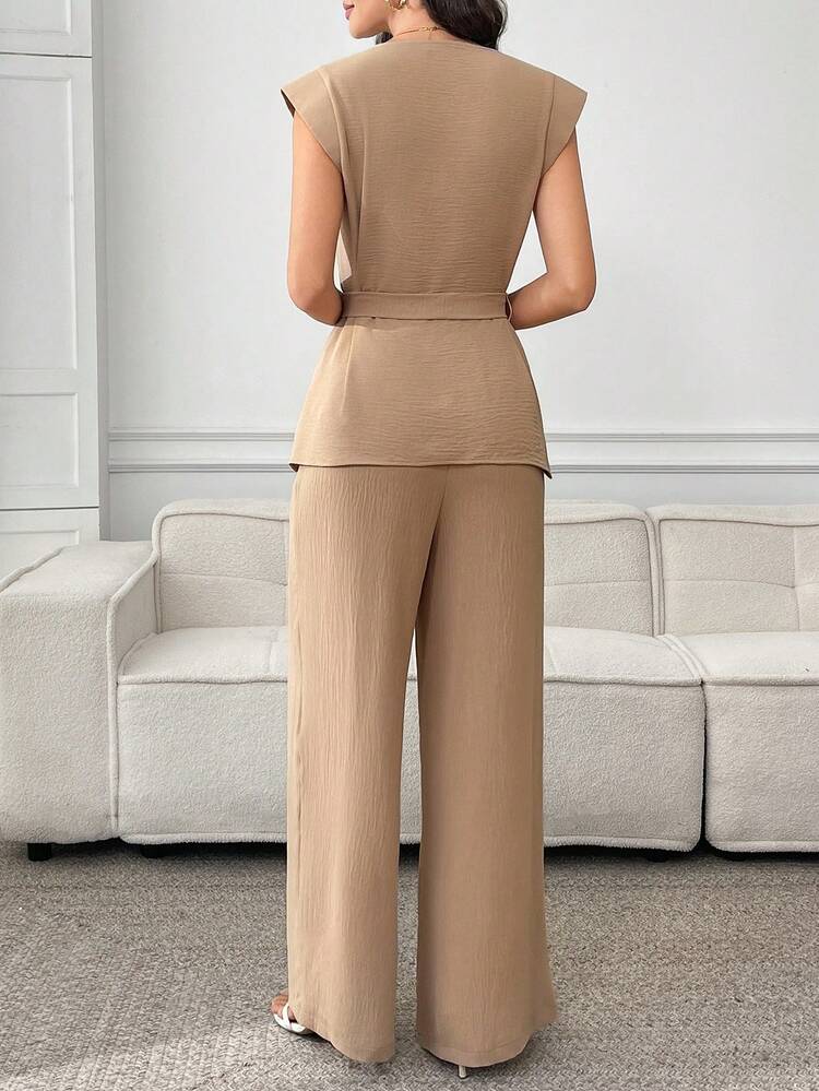 Women's Solid Color Asymmetrical Hem Top & Pants 2 Pieces Set
