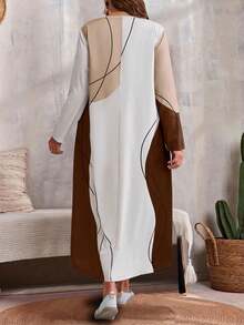 EMERY ROSE Plus Size Casual Contrast Color Block Faux 2-In-1 Dress Fall Clothes - Coffee Brown - View 2