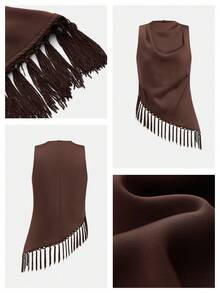 Maija 女士纯色无袖上衣，不对称下摆饰有流苏，适合夏季圣帕特里克节、复活节、海滩度假、各种场合，也适合夏季外出、毕业典礼等休闲场合。 - 咖啡棕 - 查看 4