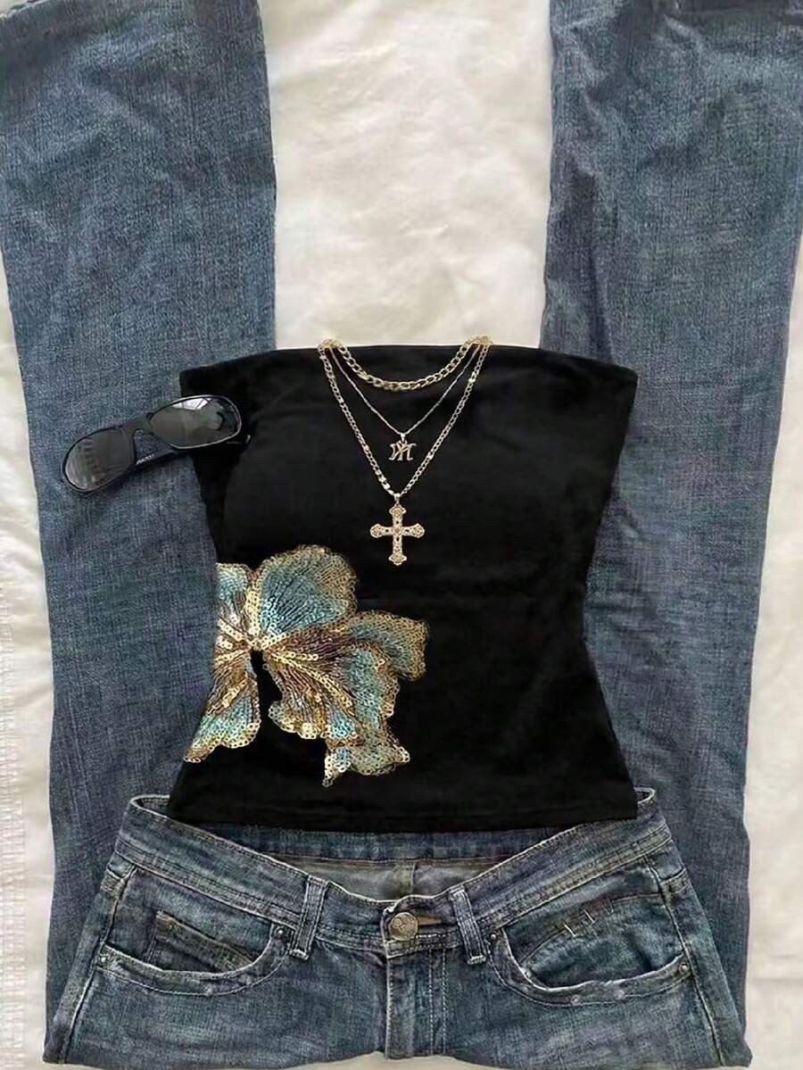 Glimmora 女士亮片花卉图案休闲百搭约会之夜抹胸上衣 - 彩色 - 查看 1