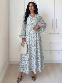 Modelyn Đầm hoa nhí tay dài dành cho nữ - Màu xanh lam - Xem 8